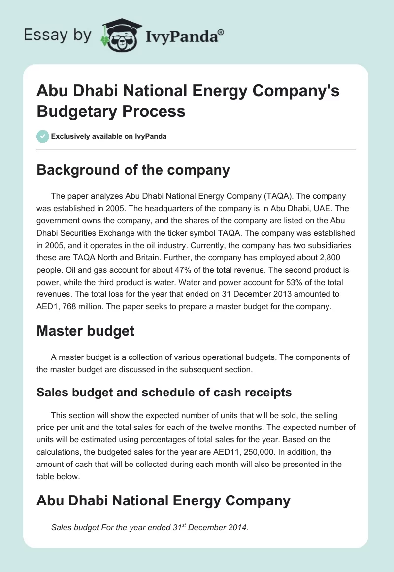 Abu Dhabi National Energy Company's Budgetary Process. Page 1