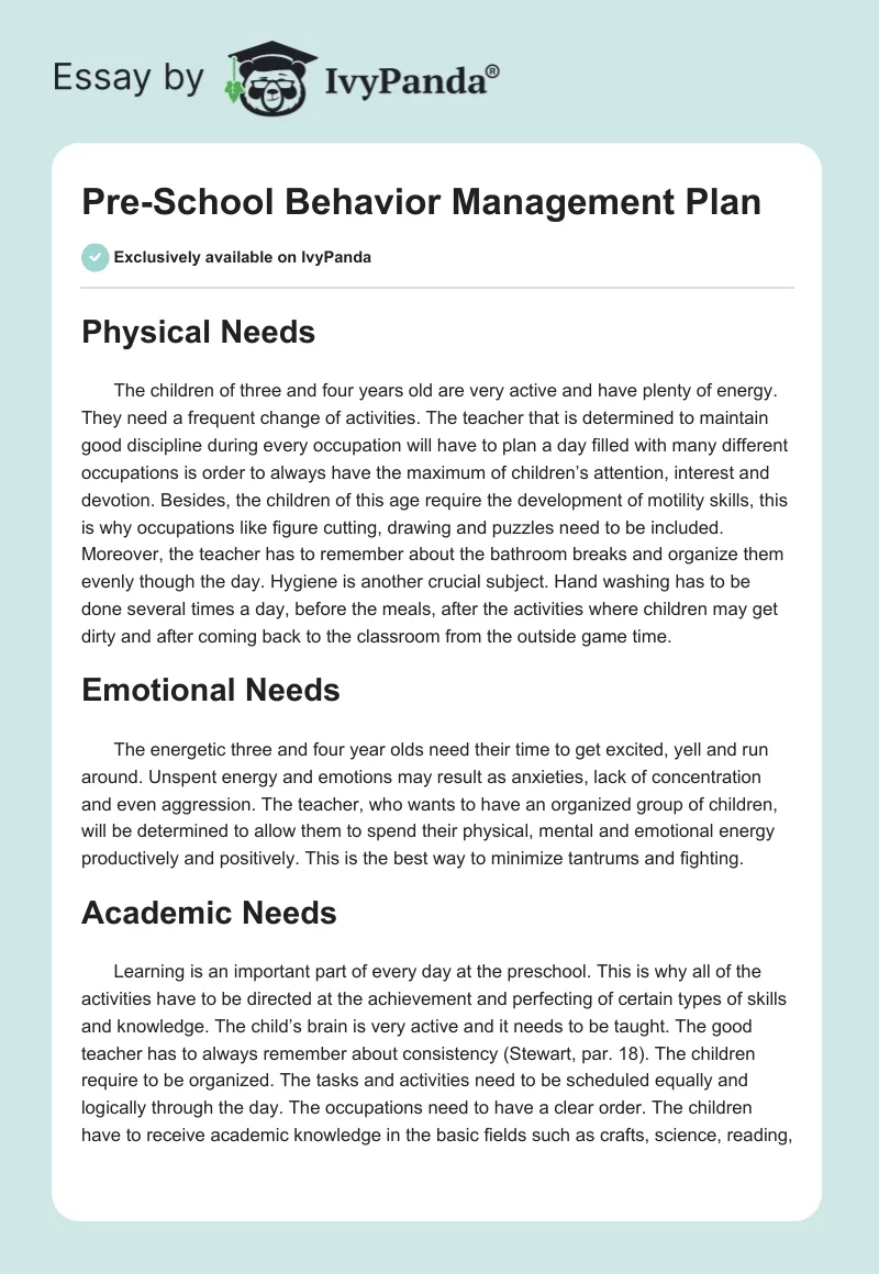 Pre-School Behavior Management Plan. Page 1