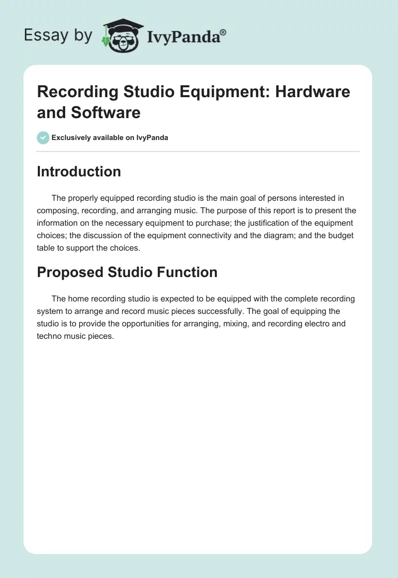 Recording Studio Equipment: Hardware and Software. Page 1