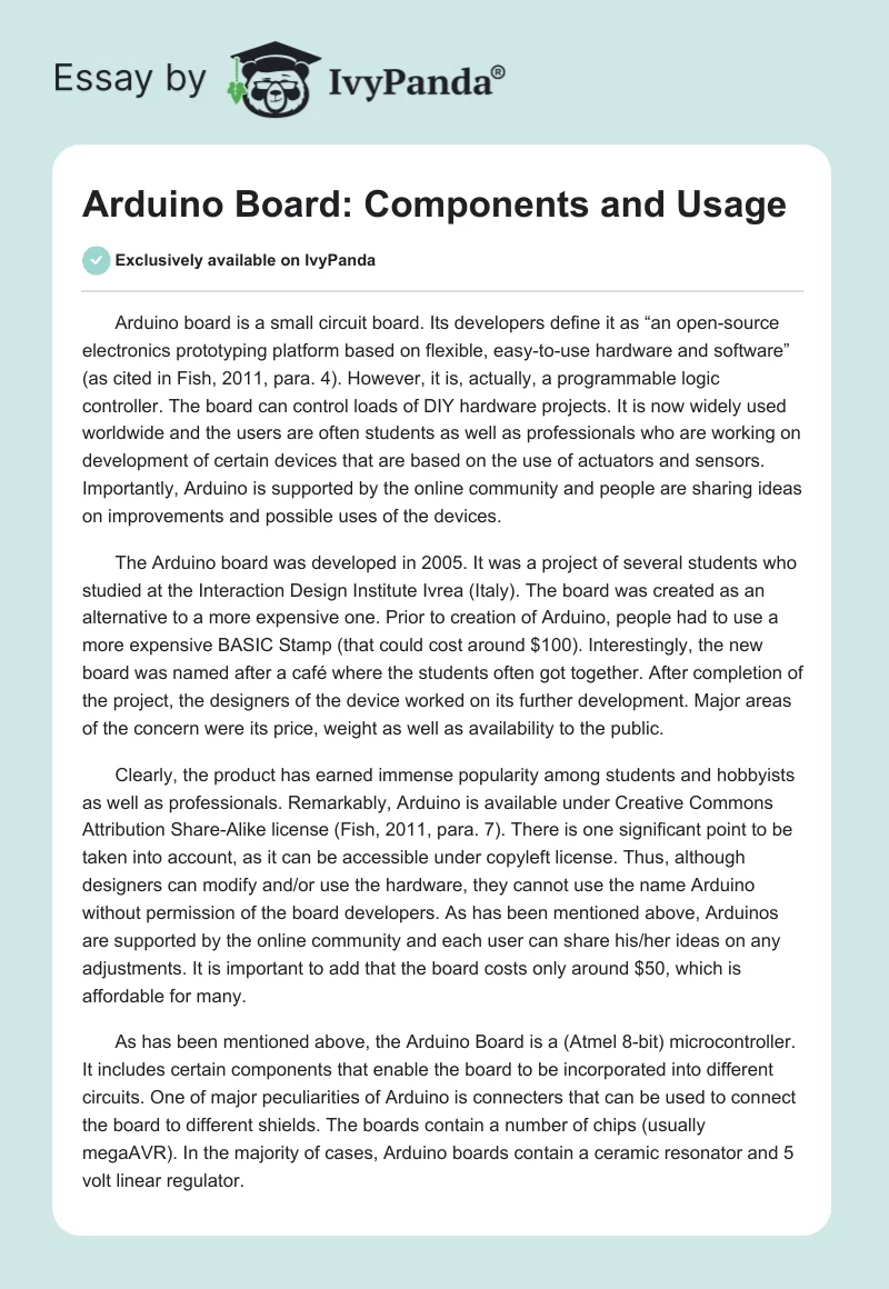 Arduino Board: Components and Usage. Page 1