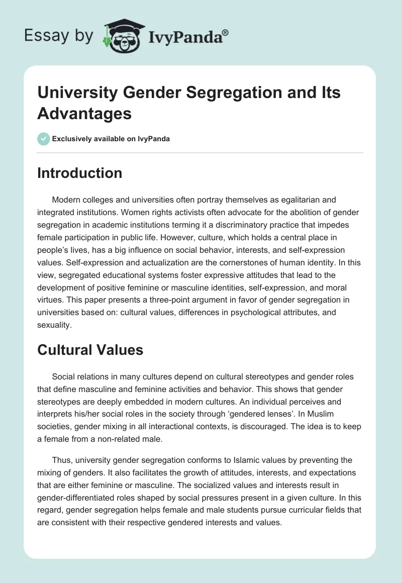 University Gender Segregation and Its Advantages. Page 1