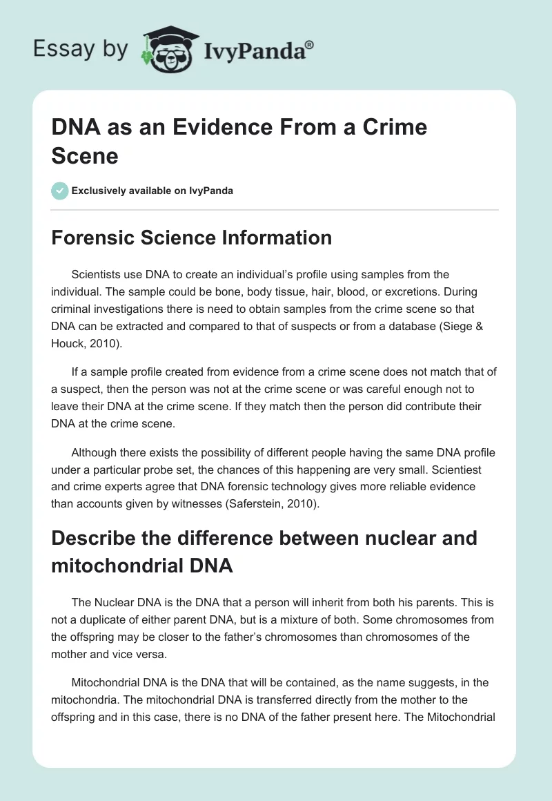 DNA as an Evidence From a Crime Scene. Page 1