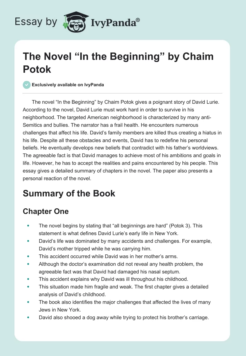 The Novel “In the Beginning” by Chaim Potok. Page 1