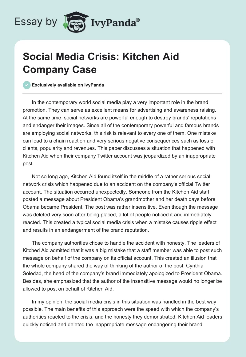 Social Media Crisis: Kitchen Aid Company Case. Page 1