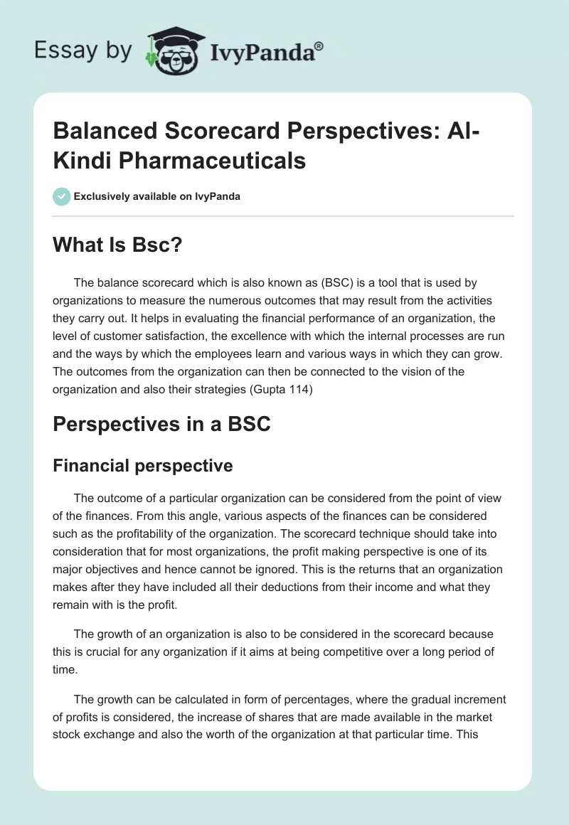 Balanced Scorecard Perspectives: Al-Kindi Pharmaceuticals. Page 1