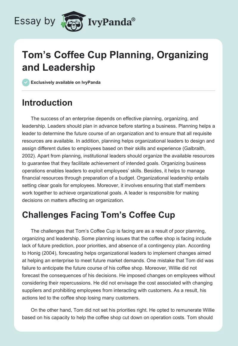 Tom’s Coffee Cup Planning, Organizing and Leadership. Page 1