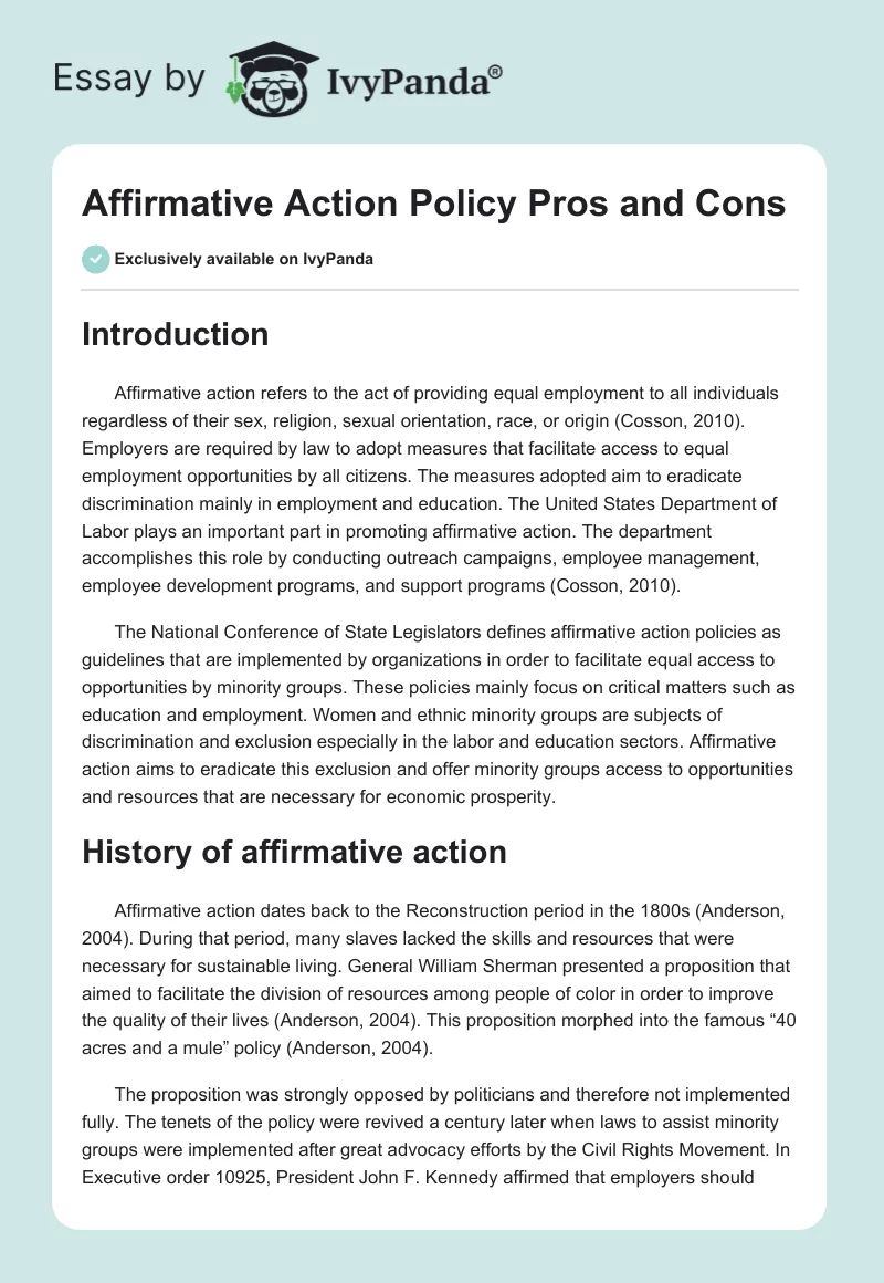 Affirmative Action Policy Pros and Cons. Page 1