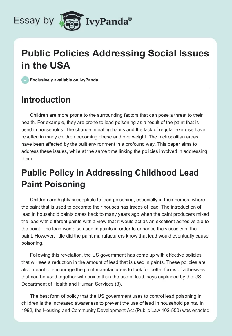 Public Policies Addressing Social Issues in the USA. Page 1