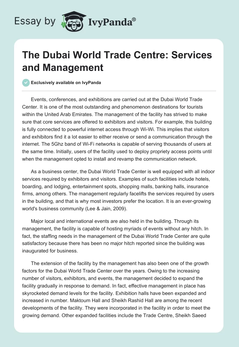 The Dubai World Trade Centre: Services and Management. Page 1