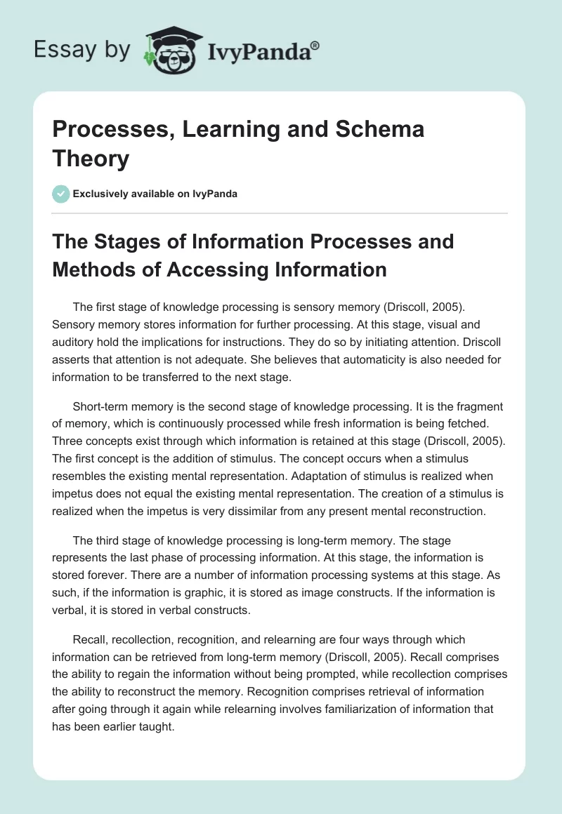 Processes, Learning and Schema Theory. Page 1