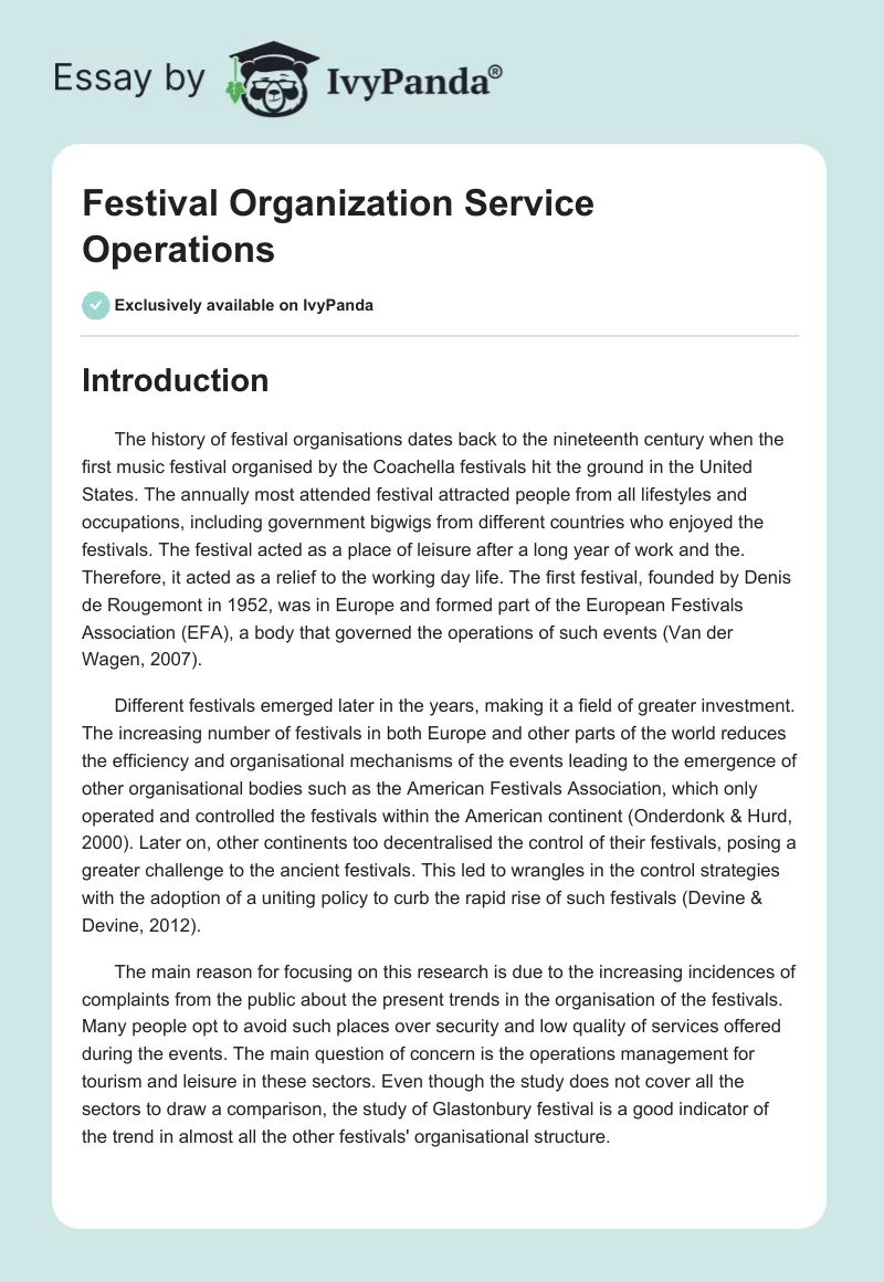 Festival Organization Service Operations. Page 1