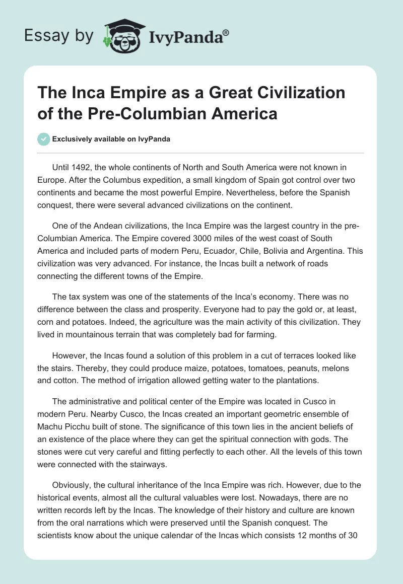 The Inca Empire as a Great Civilization of the Pre-Columbian America. Page 1