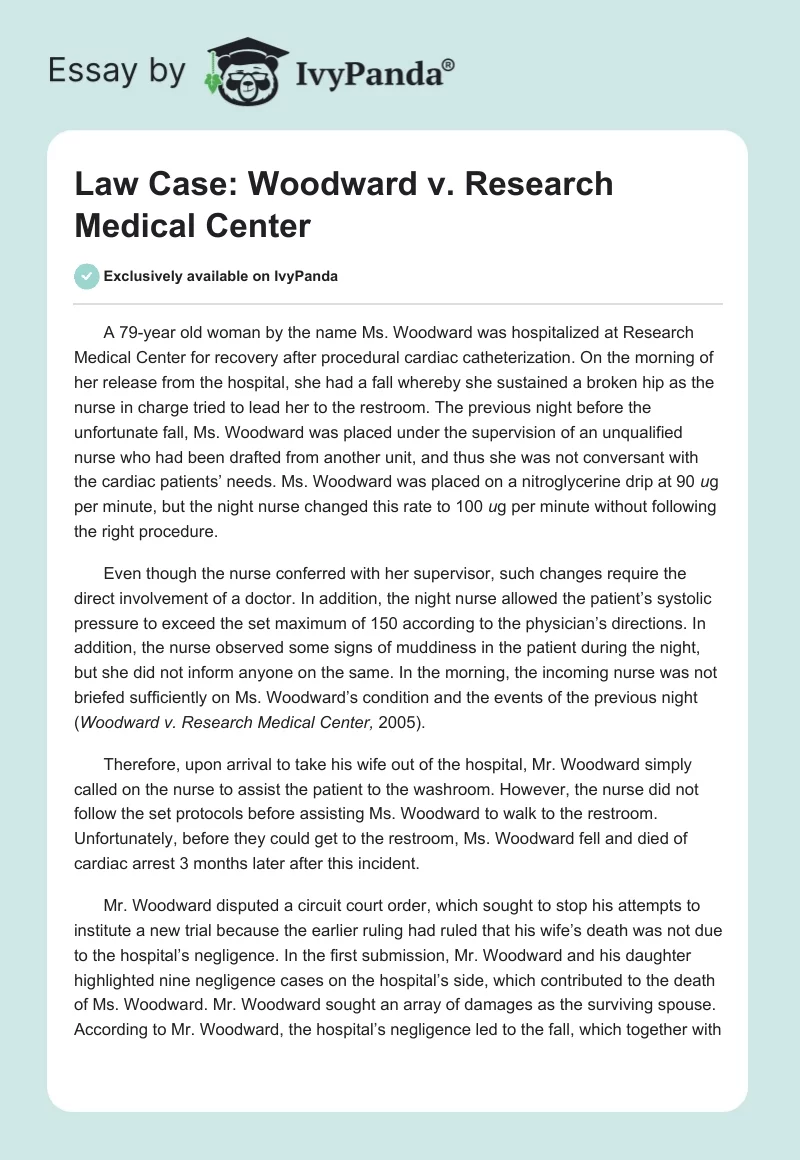 Law Case: Woodward v. Research Medical Center. Page 1