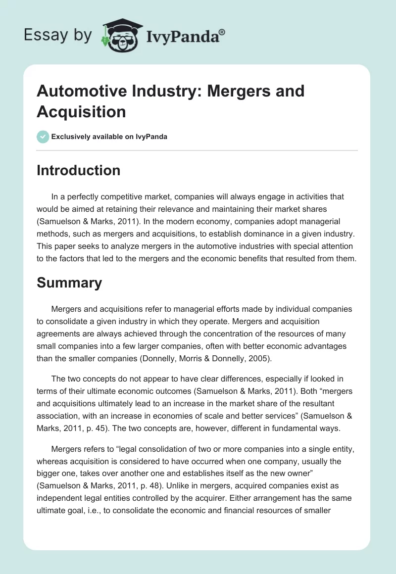 Automotive Industry: Mergers and Acquisition. Page 1