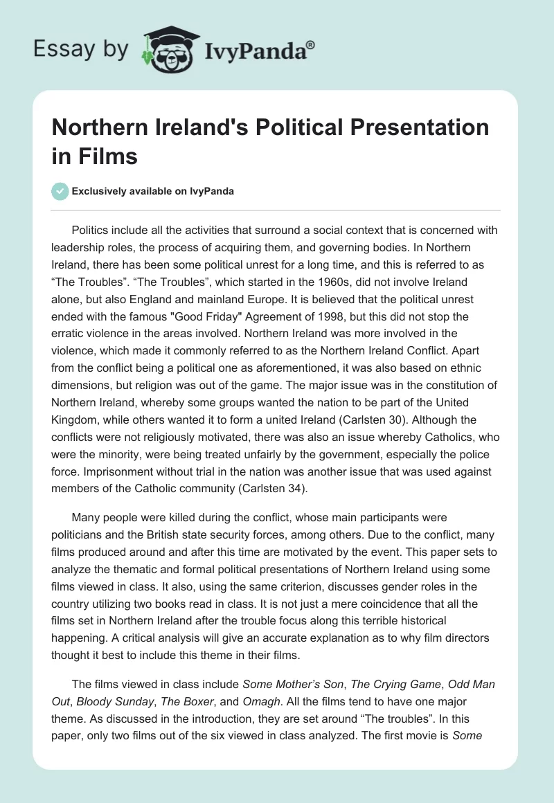 Northern Ireland's Political Presentation in Films. Page 1