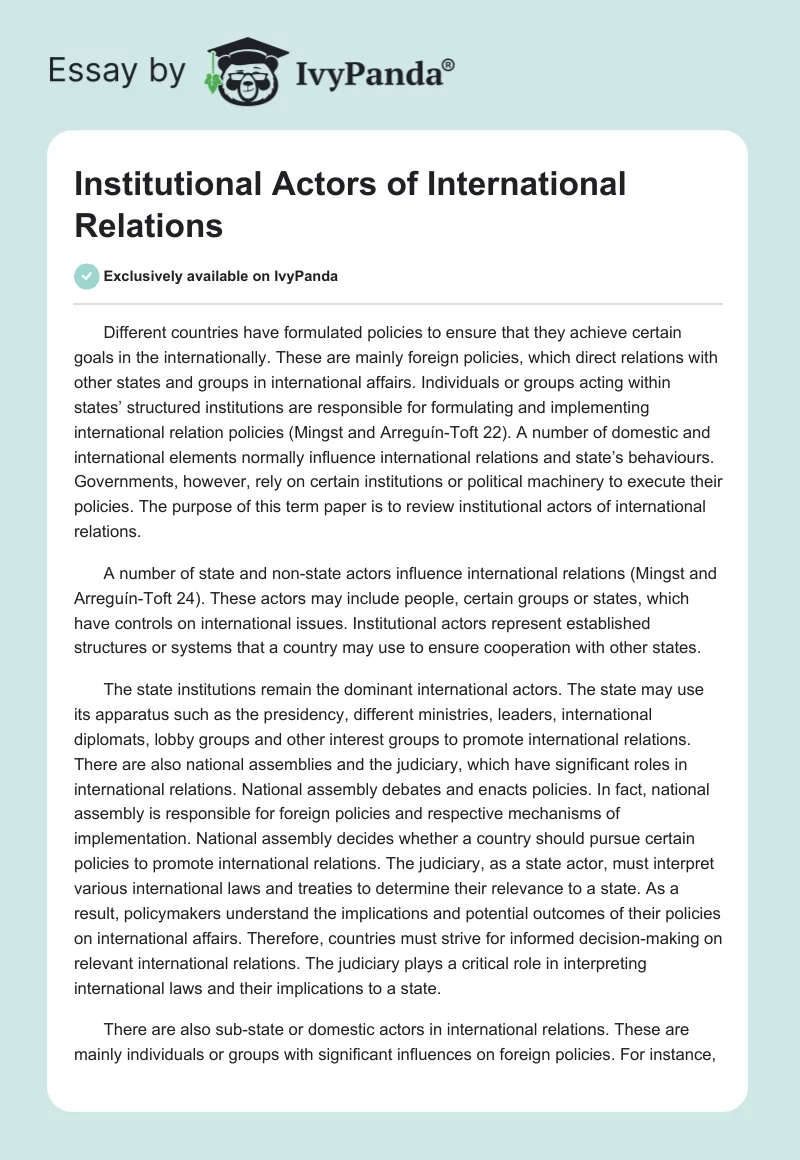 Institutional Actors of International Relations. Page 1