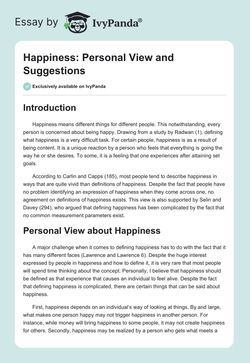 Happiness: Personal View and Suggestions. Page 1