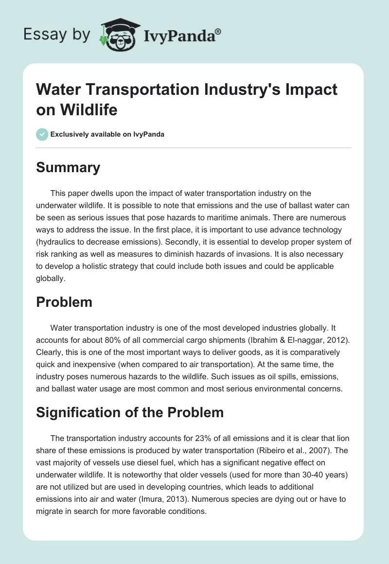 Water Transportation Industry's Impact on Wildlife. Page 1