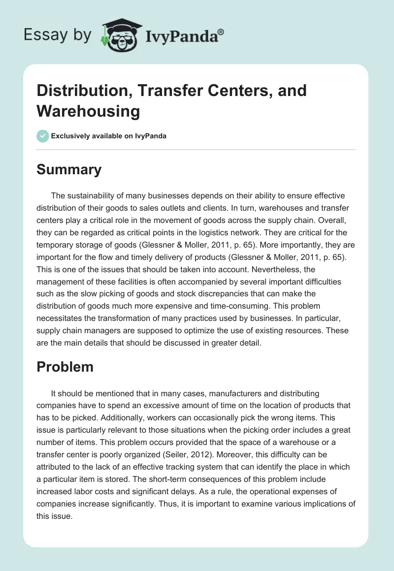 Distribution, Transfer Centers, and Warehousing. Page 1