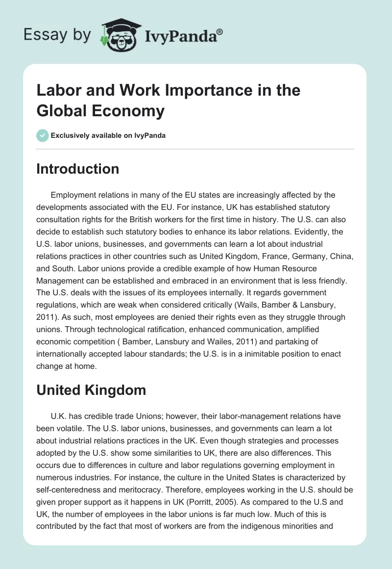 Labor and Work Importance in the Global Economy. Page 1