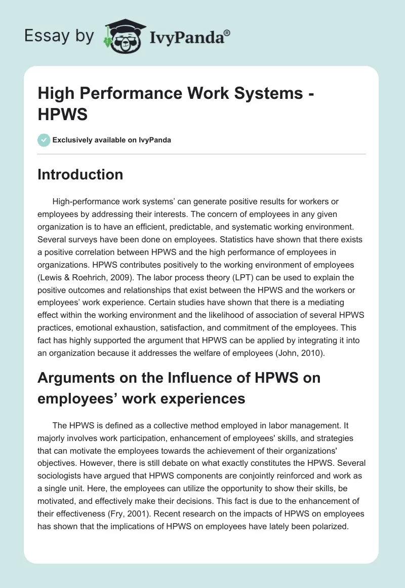 High Performance Work Systems - HPWS. Page 1