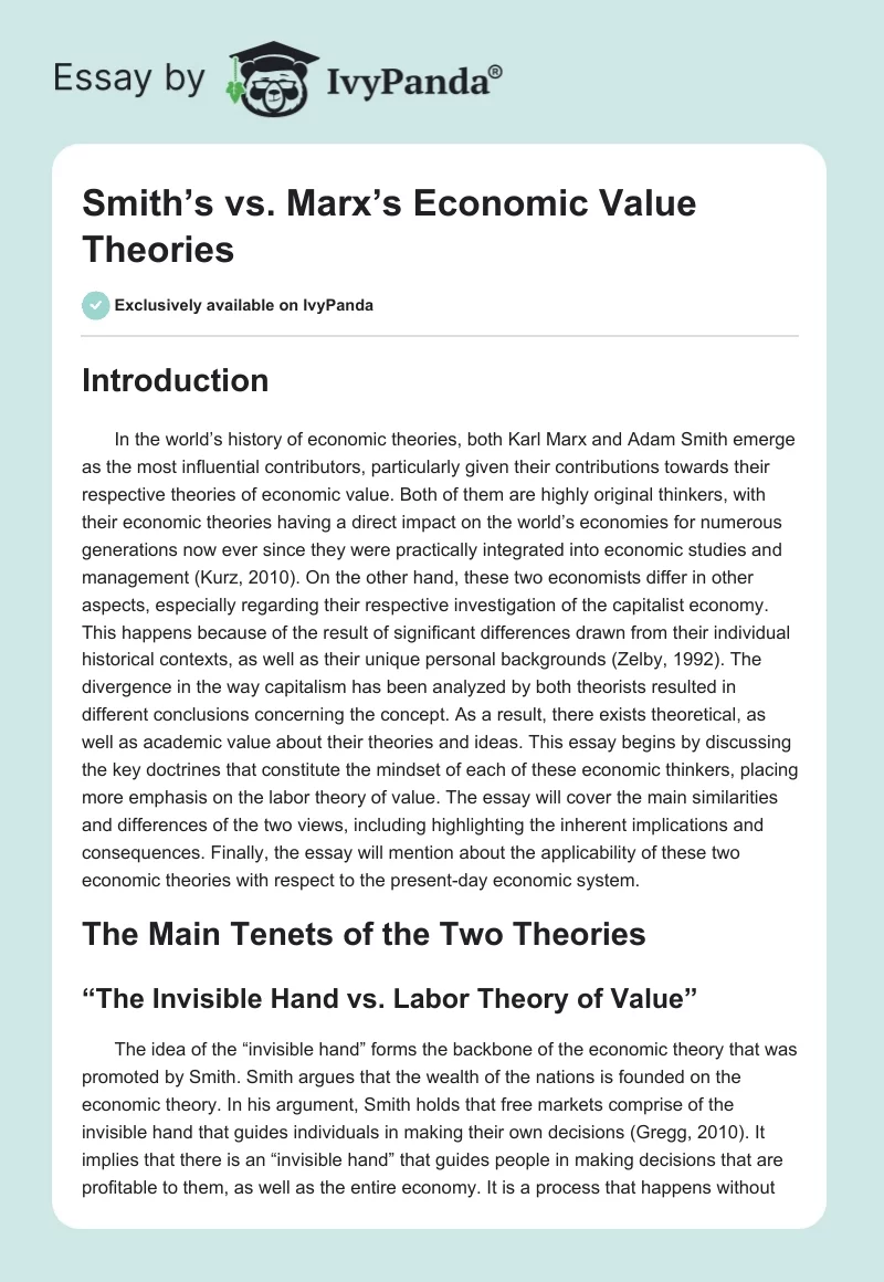 Smith’s vs. Marx’s Economic Value Theories. Page 1