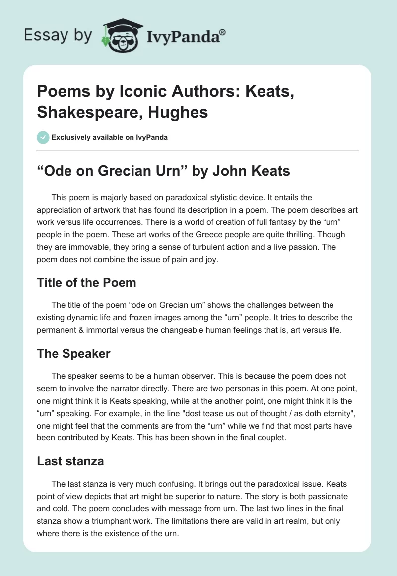 Poems by Iconic Authors: Keats, Shakespeare, Hughes. Page 1