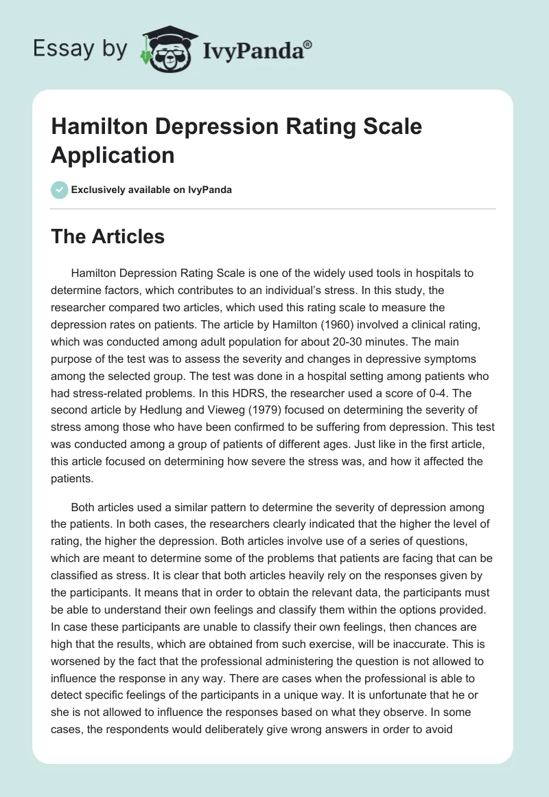 Hamilton Depression Rating Scale Application. Page 1