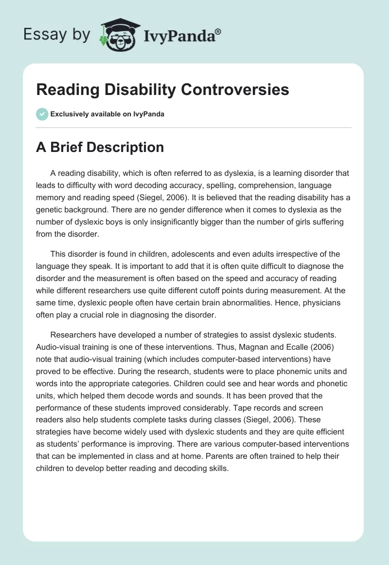 Reading Disability Controversies. Page 1