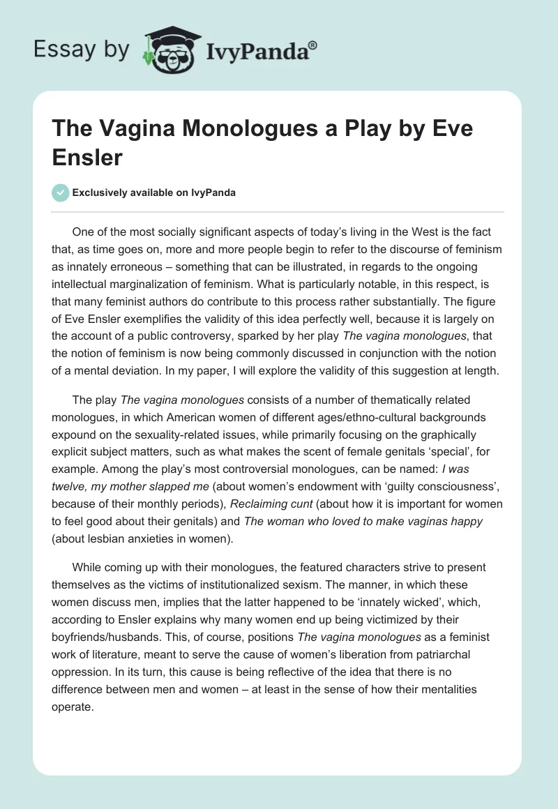 "The Vagina Monologues" a Play by Eve Ensler. Page 1