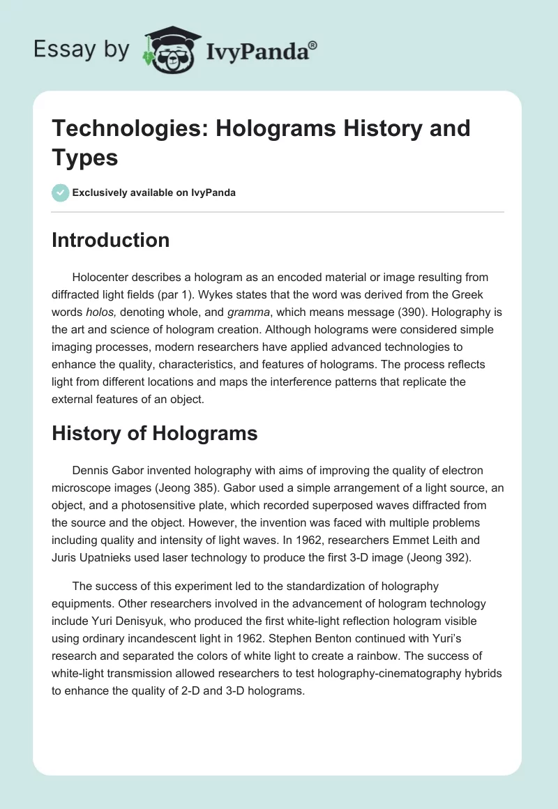 Technologies: Holograms History and Types. Page 1