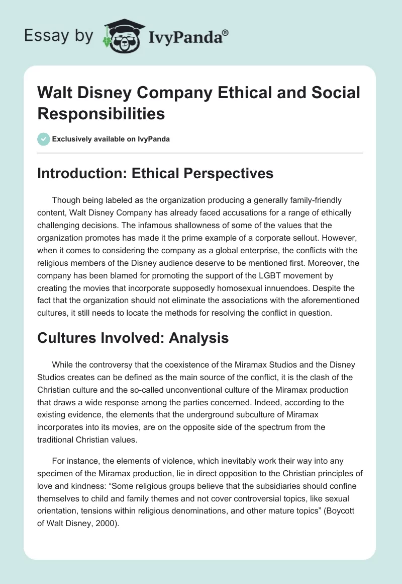 Walt Disney Company Ethical and Social Responsibilities. Page 1