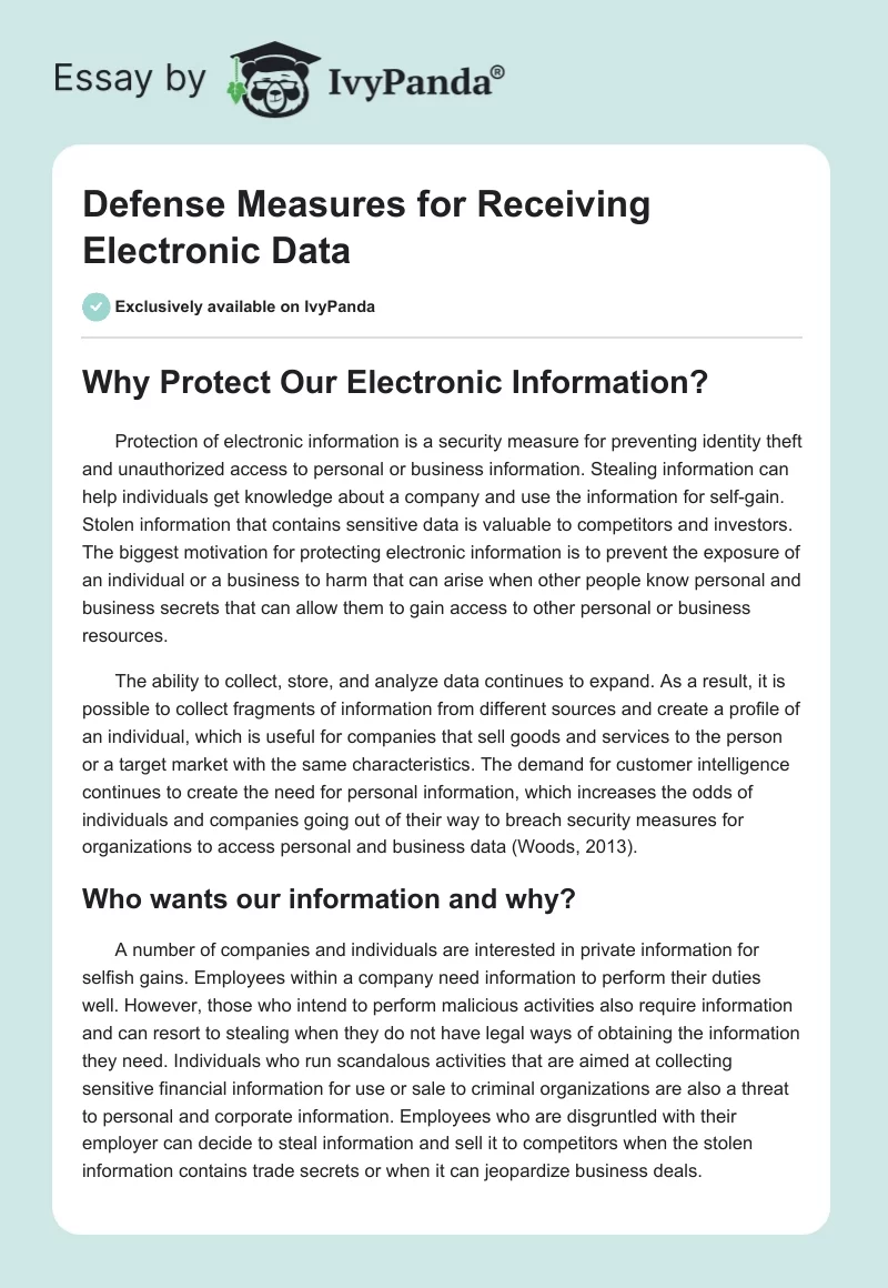 Defense Measures for Receiving Electronic Data. Page 1