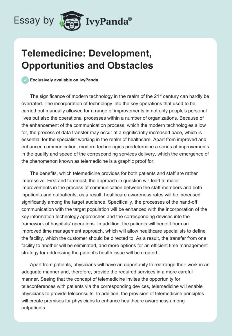 Telemedicine: Development, Opportunities and Obstacles. Page 1