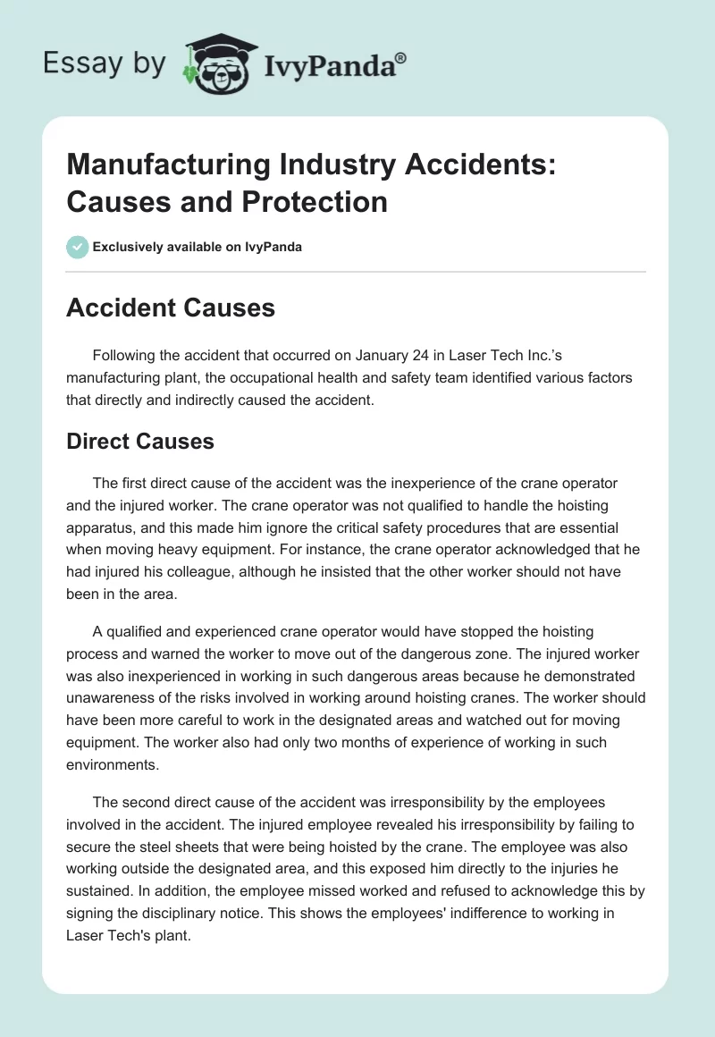 Manufacturing Industry Accidents: Causes and Protection. Page 1