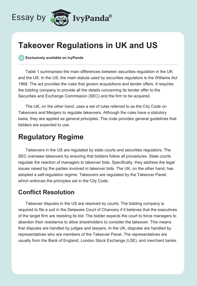 Takeover Regulations in UK and US. Page 1