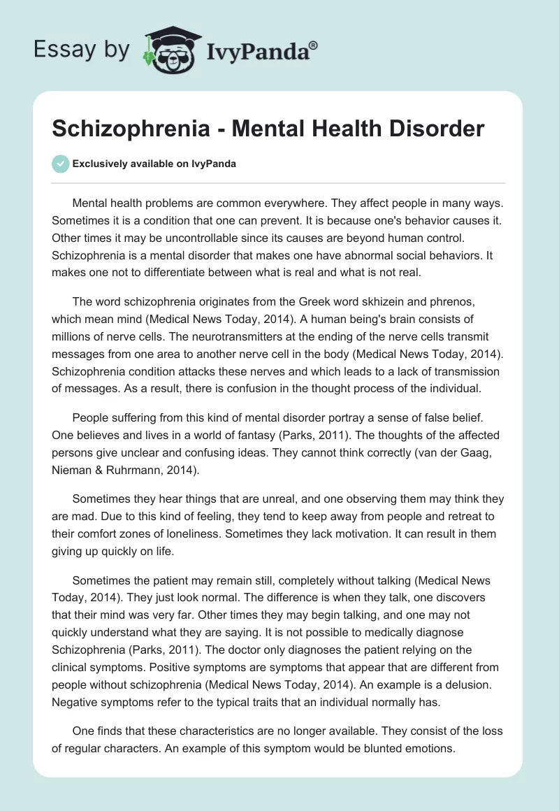 Schizophrenia - Mental Health Disorder. Page 1