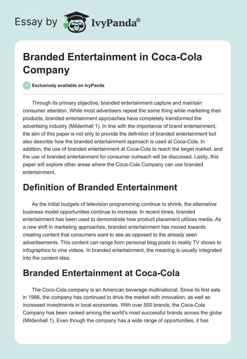 Branded Entertainment in Coca-Cola Company. Page 1