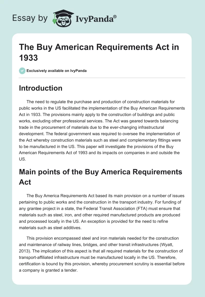 The Buy American Requirements Act in 1933. Page 1