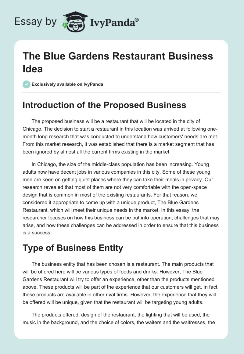 "The Blue Gardens" Restaurant Business Idea. Page 1