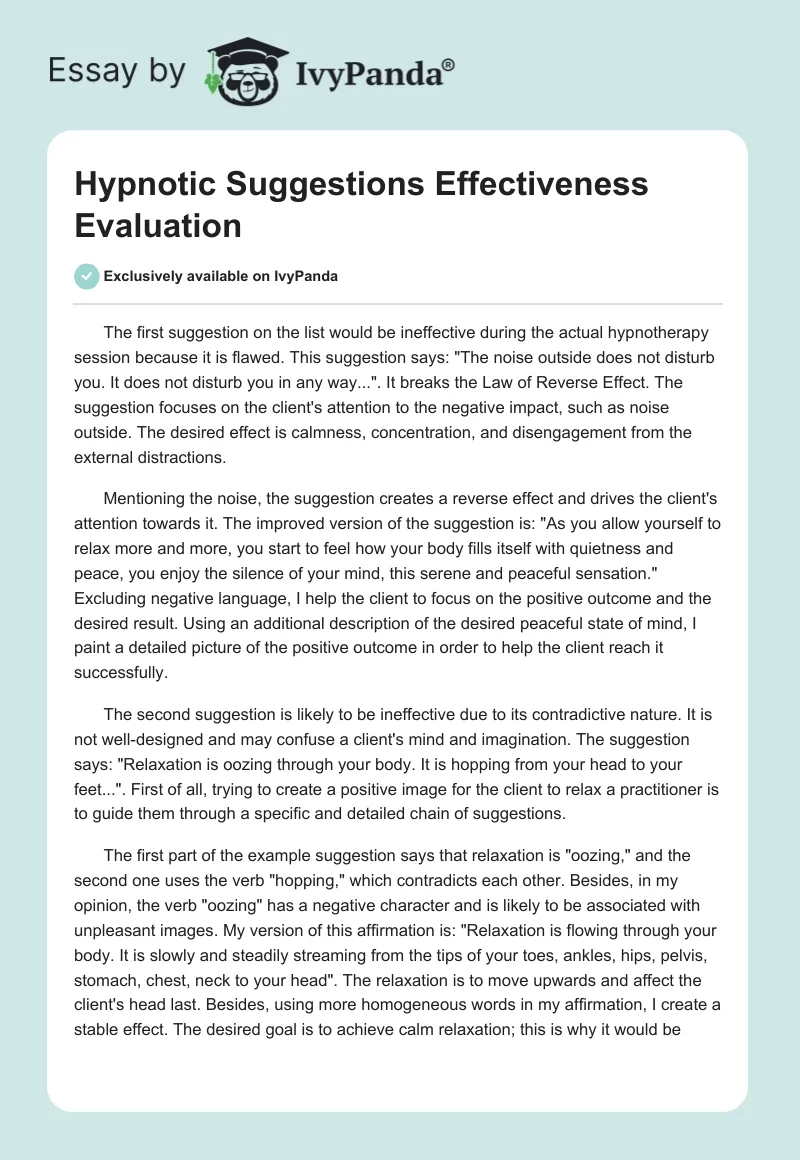 Hypnotic Suggestions Effectiveness Evaluation. Page 1