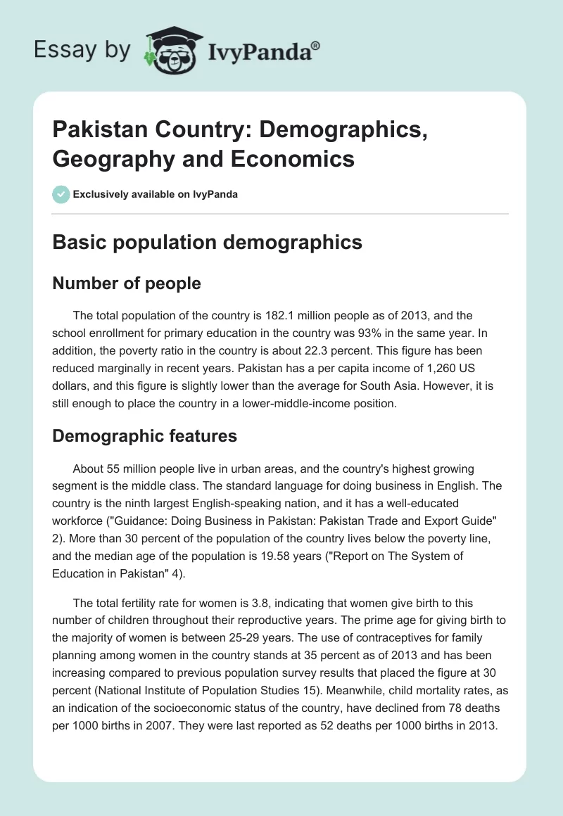 Pakistan Country: Demographics, Geography and Economics. Page 1