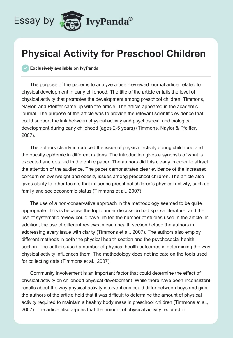 Physical Activity for Preschool Children. Page 1