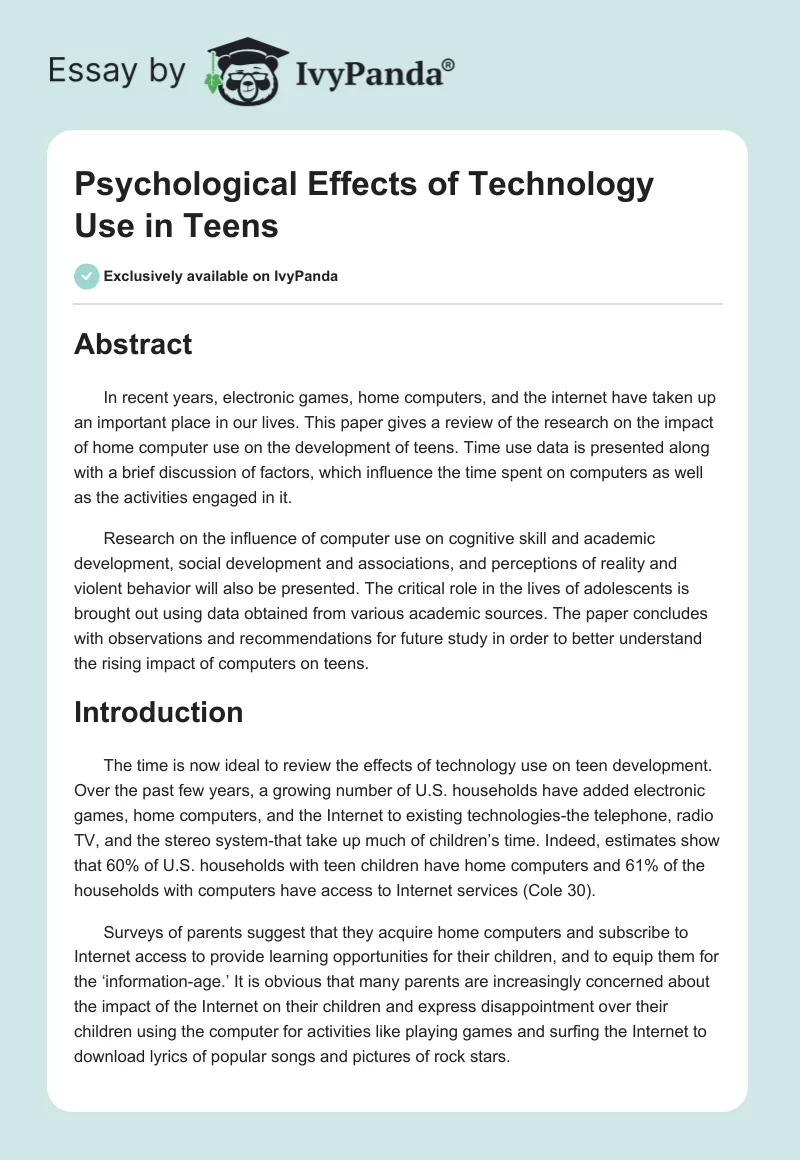 Psychological Effects of Technology Use in Teens. Page 1