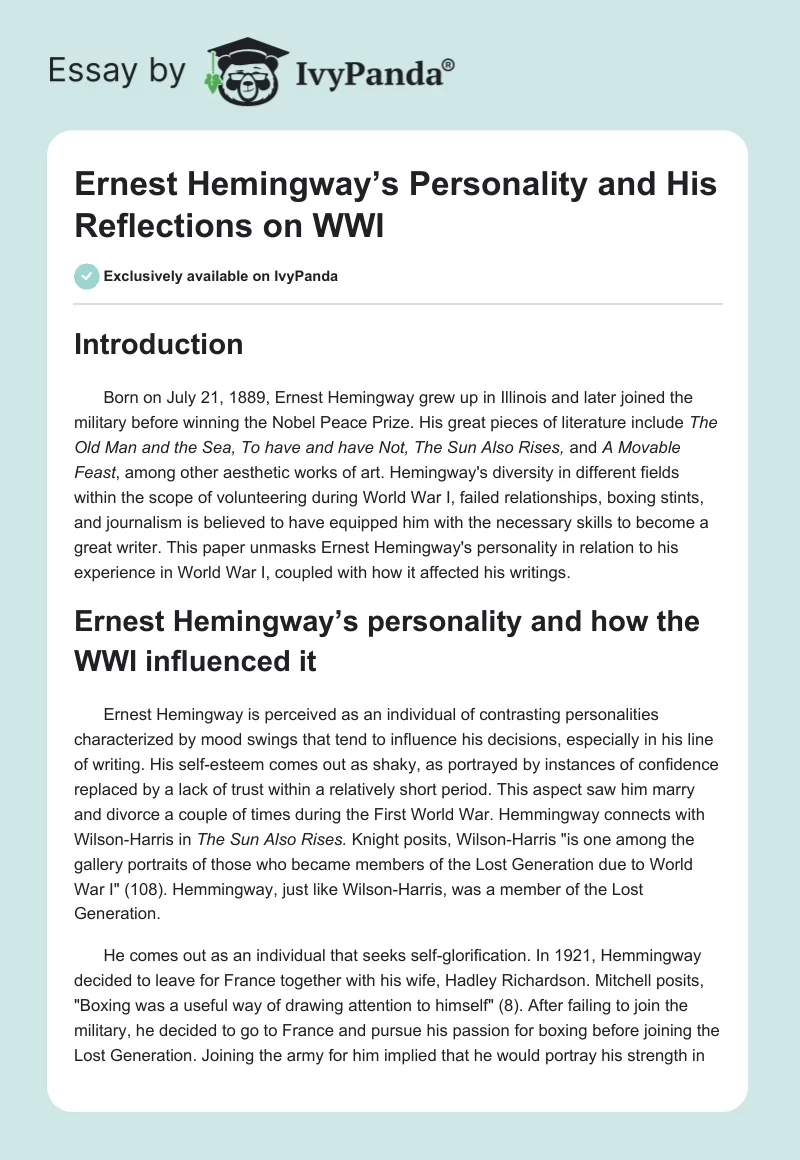 Ernest Hemingway’s Personality and His Reflections on WWI. Page 1