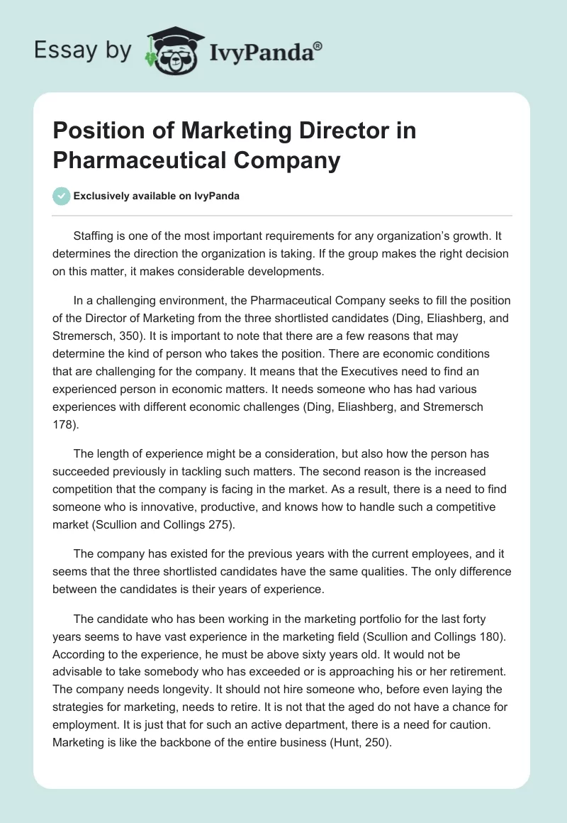 Position of Marketing Director in Pharmaceutical Company. Page 1