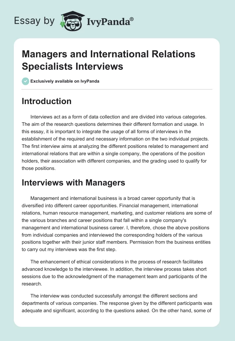 Managers and International Relations Specialists Interviews. Page 1