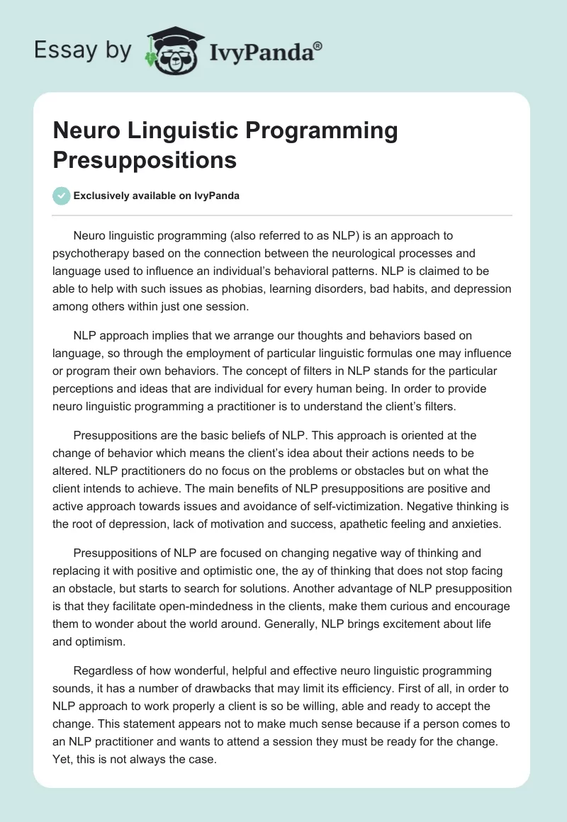Neuro Linguistic Programming Presuppositions. Page 1