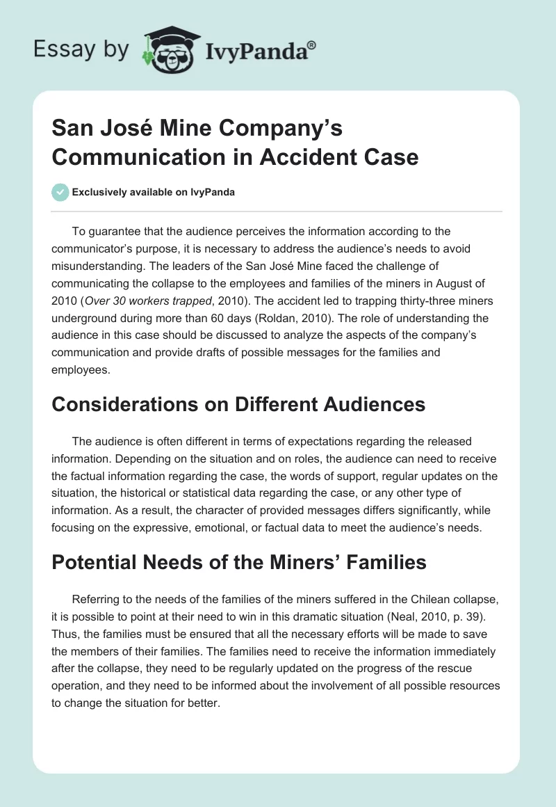 San José Mine Company’s Communication in Accident Case. Page 1