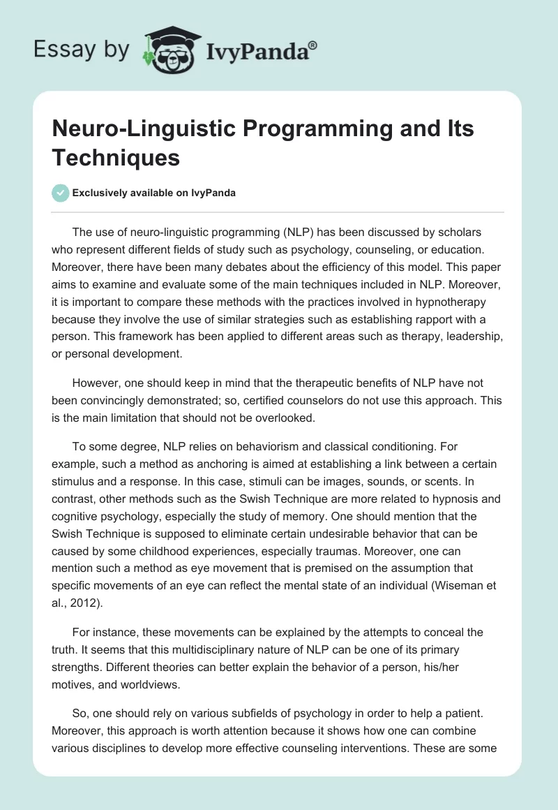 Neuro-Linguistic Programming and Its Techniques. Page 1